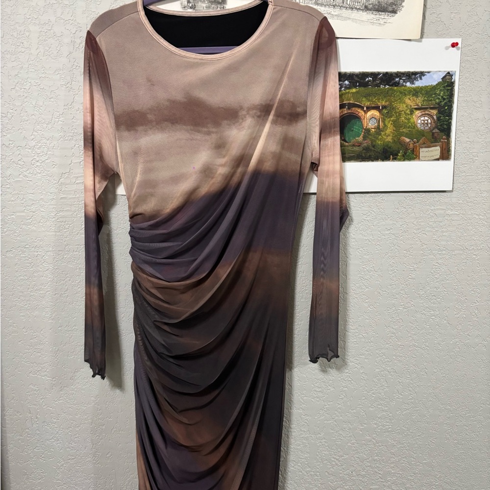 White House Black Market Cream and Tan Asymmetrical Ruched Sheath Dress